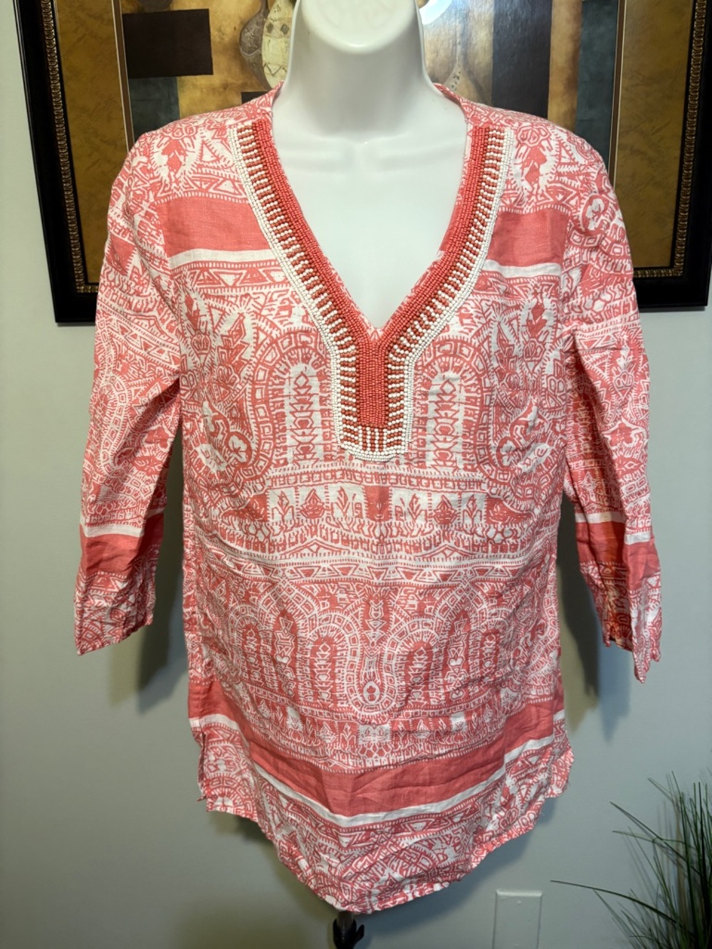 Charter Club Coral and White Printed V-Neck Tunic with Beading